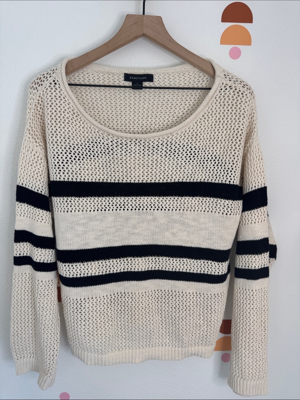 Sanctuary Cream and Black Striped Open-Knit Scoop Sweater N0274